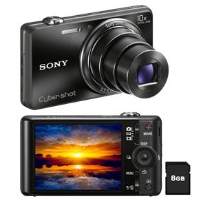 Câmera Sony Cyber-Shot WX100 Preta c/ LCD 2.7”, 18.2MP, Zoom Óptico 10x, Foto 3D e Panorama, Vídeo Full HD, Detector de Face + Cartão de 8GB 
