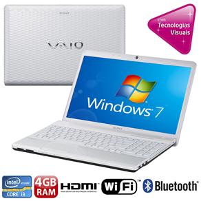 Notebook Sony Vaio VPC-EH40EB/W com Intel® Core™ i3-2370M, 4GB, 500GB, Gravador de DVD, HDMI, Wireless, Bluetooth 3.0, Webcam, LED 15.5" e Windows 7