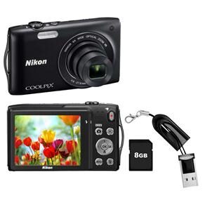 Câmera Digital Nikon CoolPix S3300 Preta c/ LCD 2.7”, 16.0 MP, Vídeo HD + Cartão de 8GB + Mini Leitor de Memória Yasin LU-102/203358