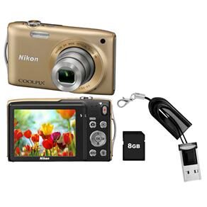Câmera Nikon CoolPix S3300 Dourada c/ LCD 2.7”, 16.0 MP, Vídeo HD + Cartão de 8GB + Mini Leitor de Memória Yasin LU-102/203358