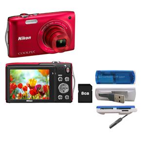 Câmera Nikon CoolPix S3300 Vermelha c/ LCD 2.7”, 16.0 MP, Vídeo HD + Cartão de 8GB + Leitor de Cartão de Memória SD Yasin 4X1 LU-103/20358
