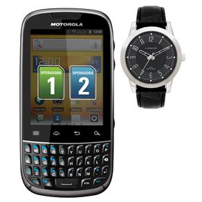 Celular Desbloqueado Motorola Fire XT317 Preto Dual Chip c/ Câmera 3MP, Android 2.3, Qwerty + Fone + Cartão 2GB + Relógio Masculino Lince Steel –Preto