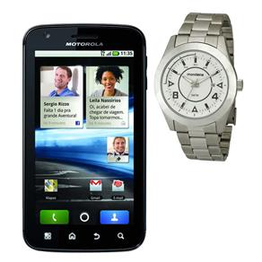 Celular Desbloqueado Motorola Atrix Preto c/Android 2.3, Câmera 5.MP, 3G, Wi-Fi, GPS, Bluetooth e Fone + Relógio Masculino Analógico Mondaine -Cromado