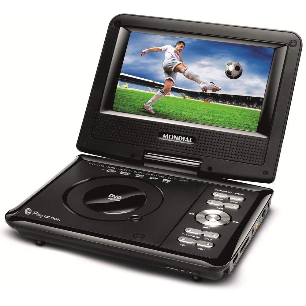 DVD Player Portátil Mondial Play Action D 08 com Tela LCD 7”, Entrada