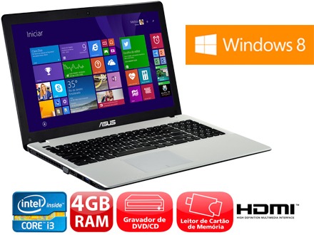 O Notebook Asus X550CA tem processador Intel Core i3, 4GB de RAM, Windows 8 e muito mais asus x550ca notebook windows8 processador intel core i3 gravador dvd 4gb ram