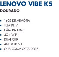 Lenovo Vibe K5                       Dourado                16GB de Memória Tela de 5" Câmera 13MP 4G + WiFi Dual Chip Android 5.1 Qualcomm Octa-Core