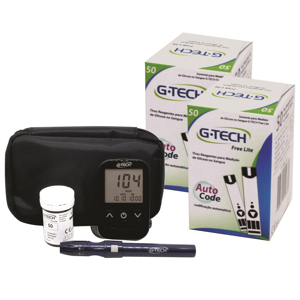 Kit Medidor de Glicose G-Tech Free Lite + 100 Tiras + 10 Lancetas + 1