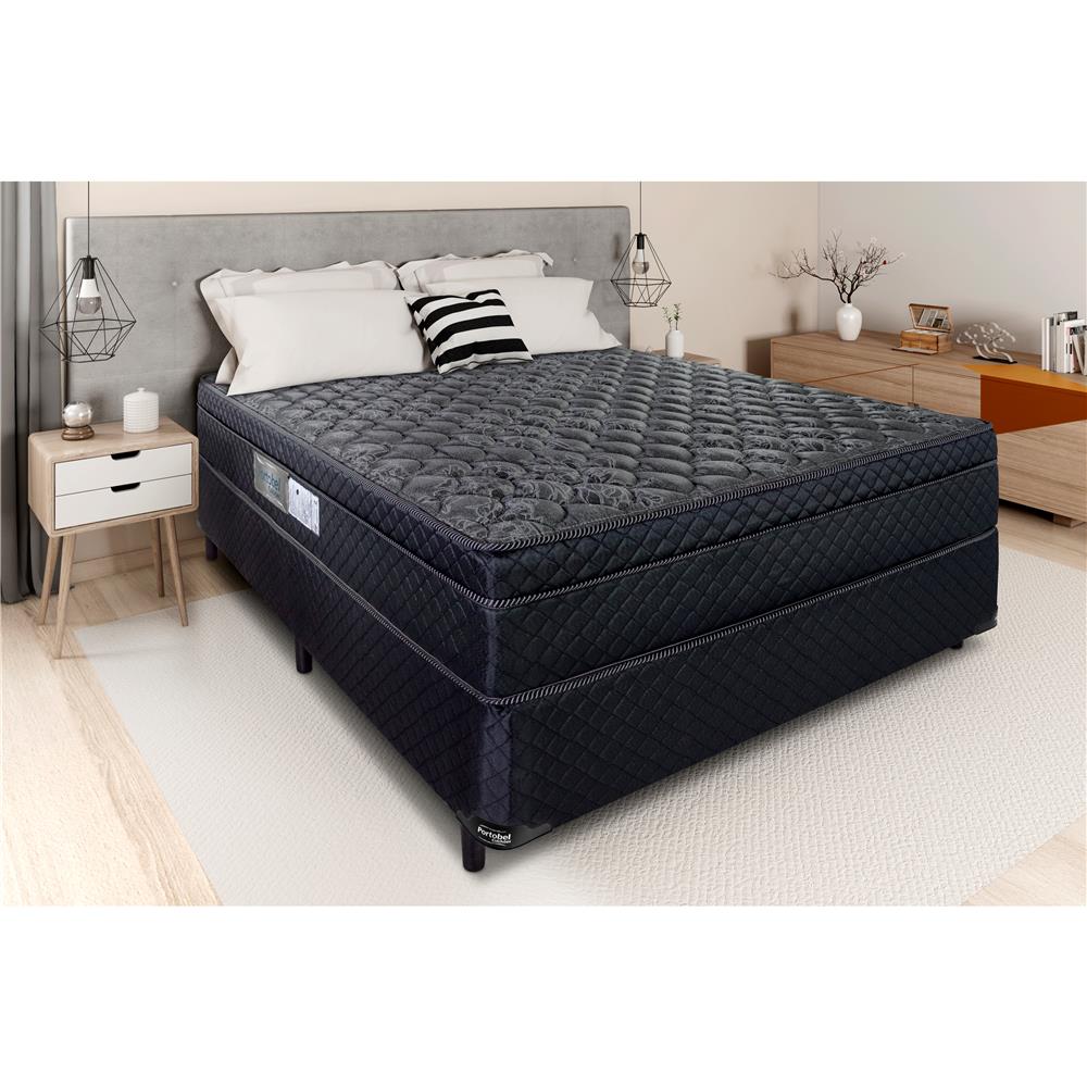 Cama Box de Casal Portobel + Colchão de Casal Portobel Diplomata Light com Pillow Top e Molas Ensacadas 70x138x188 cm - Preta