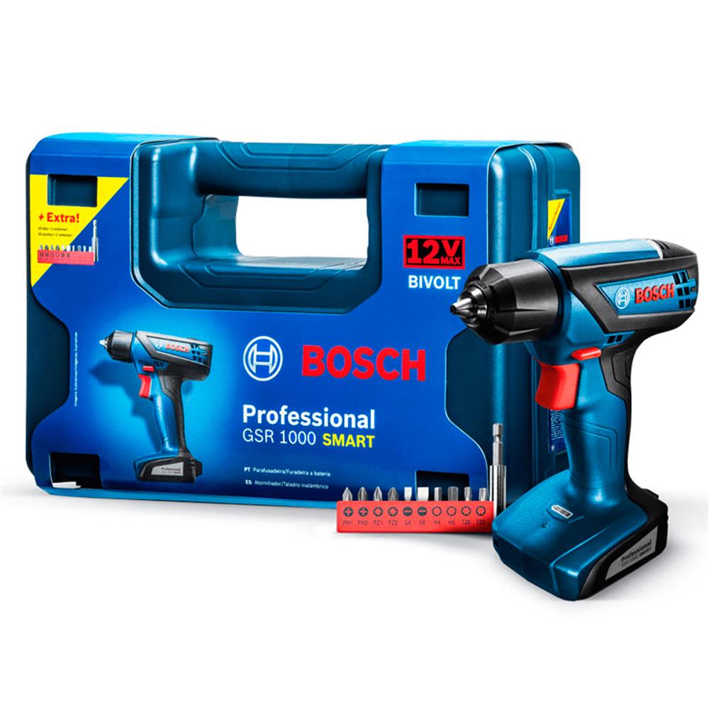 Parafusadeira e Furadeira à Bateria Bosch GSR 1000 Smart, 12V, Carregador Bivolt, Kit de Acessórios com Maleta Plástica