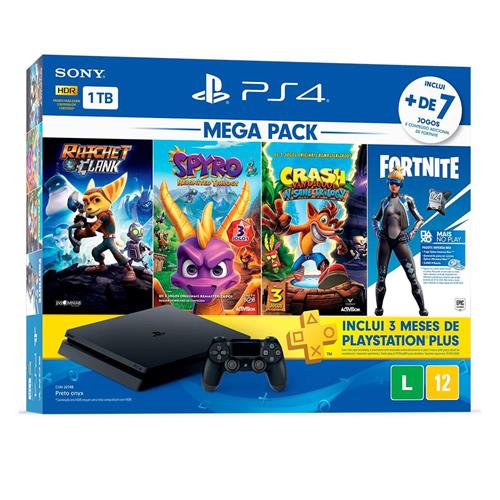 Menor preço em Console Playstation 4 Slim 1TB Bundle Family + Ratchet and Clank, Spyro Reignited, Crash Bandicoot N'Sane + Fortnite Neo Versa + 3 Meses PSN Plus
