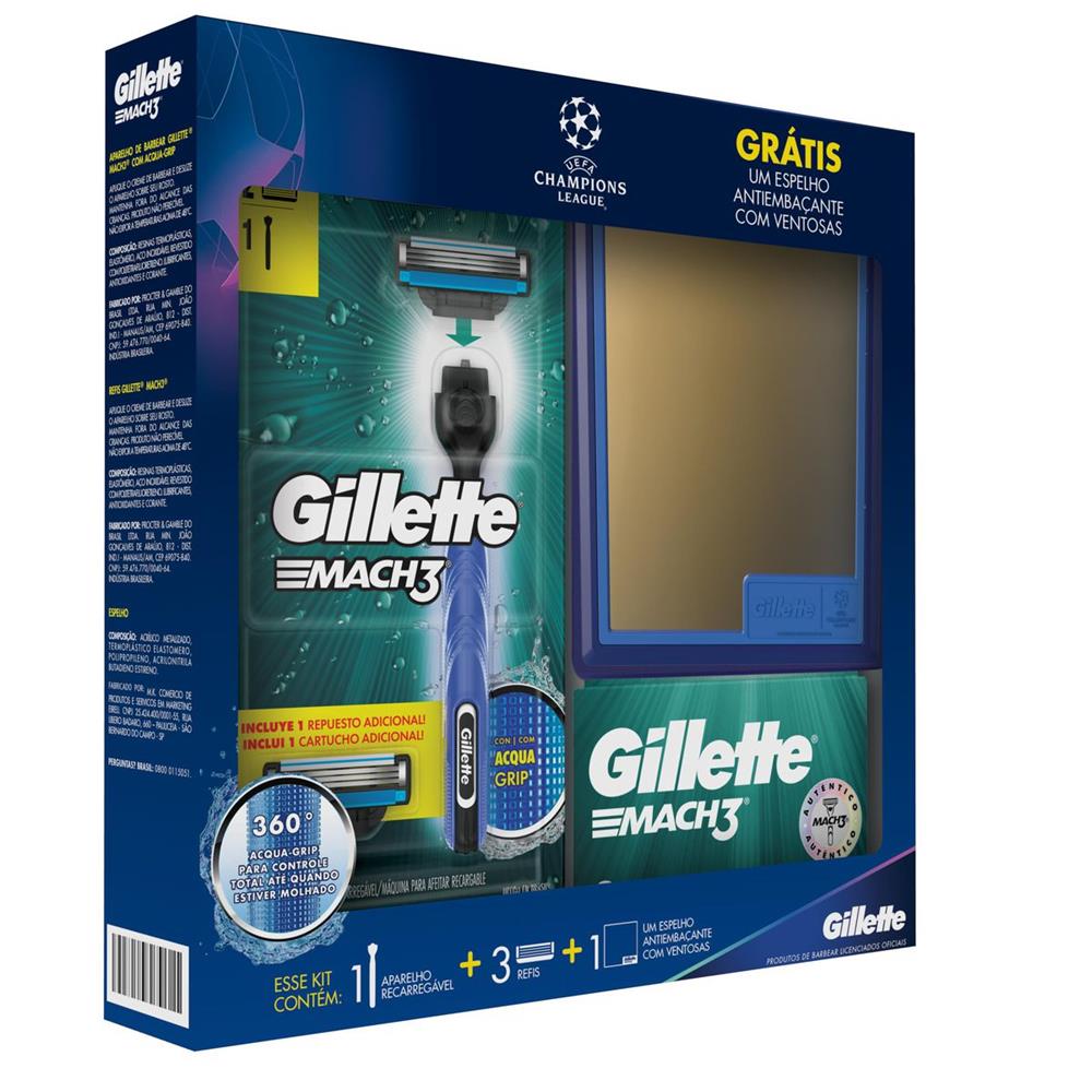 Kit Gillette com Aparelho de Barbear Mach3 Acqua Grip + 3 Cargas Mach3 + Espelho Edição UEFA Champions League