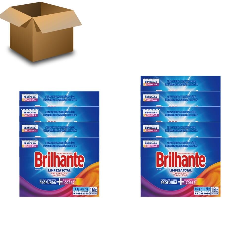 Sabão em Pó Brilhante Limpeza Total Roupas Brancas e Coloridas 1,6kg – 09 Unidades