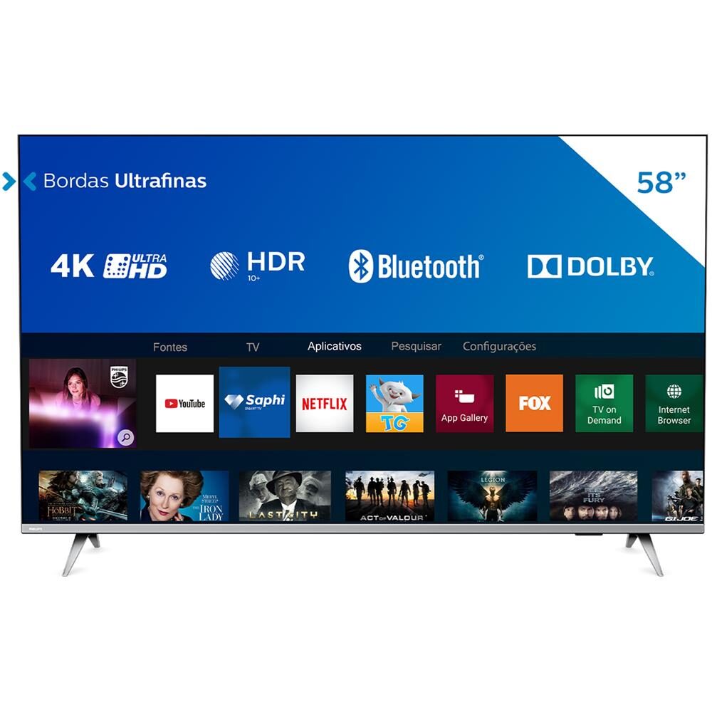Smart TV LED 58" 4K Philips 58PUG6654/78 com HDR, Dolby Vision, Dolby Atmos, Wi-Fi, Quad Core, Bluetooth, Entradas HDMI e USB