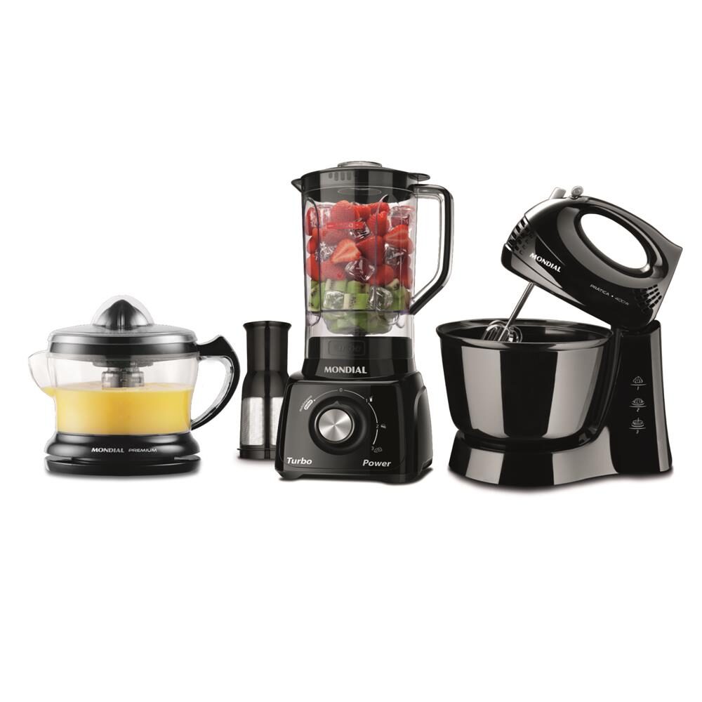 Conjunto Especial Mondial KT-105-B (Espremedor Premium + Batedeira Prática + Liquidificador Turbo Power) - Preto