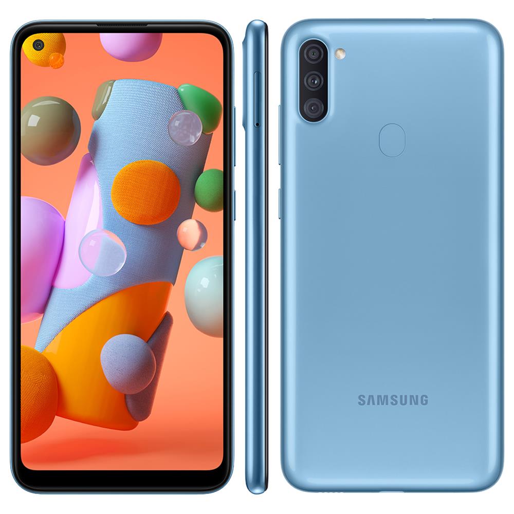 Smartphone Samsung Galaxy A11 Azul 64GB, Câmera Tripla,Tela Infinita de 6.4", Leitor de Digital, Octa Core, 3GB RAM, Carregamento Rápido e Android 10