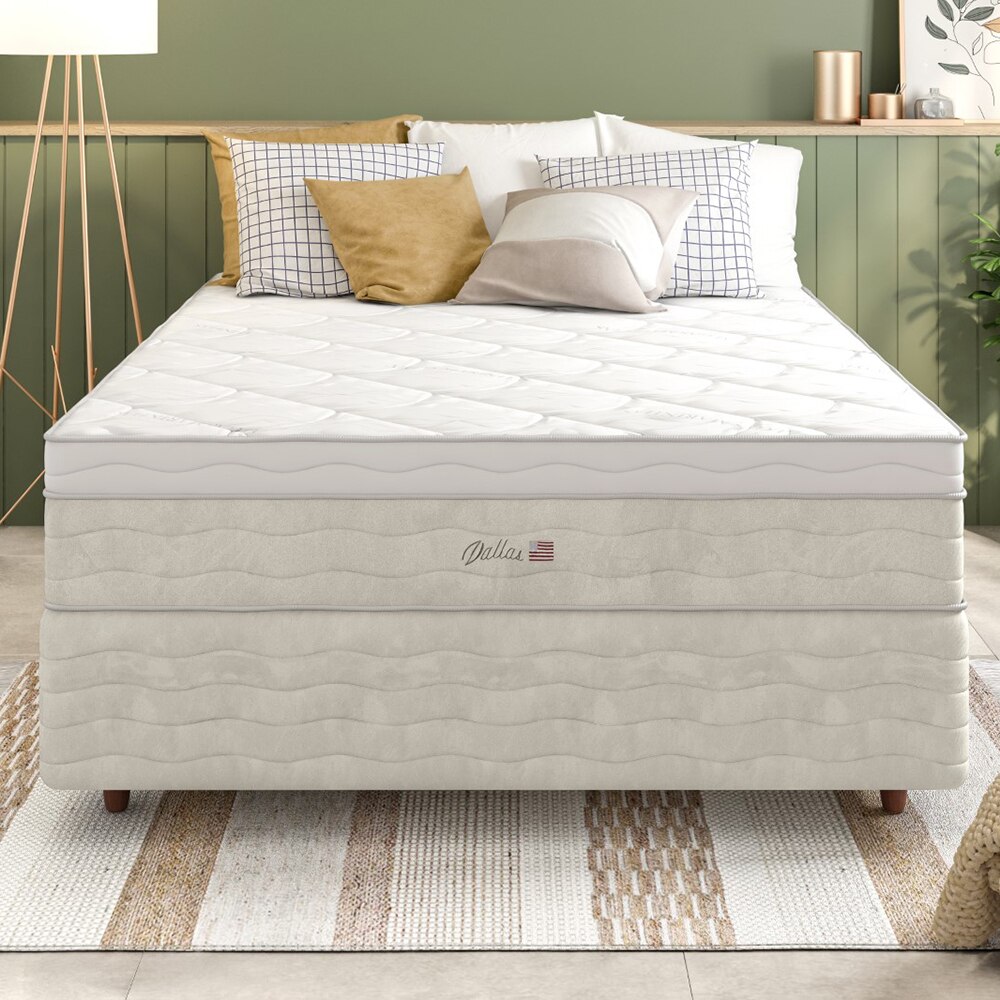 Cama Box de Casal Premium Sommier + Colchão de Casal Premium Dallas com Molas Pocket 62x138x188 cm - Bege