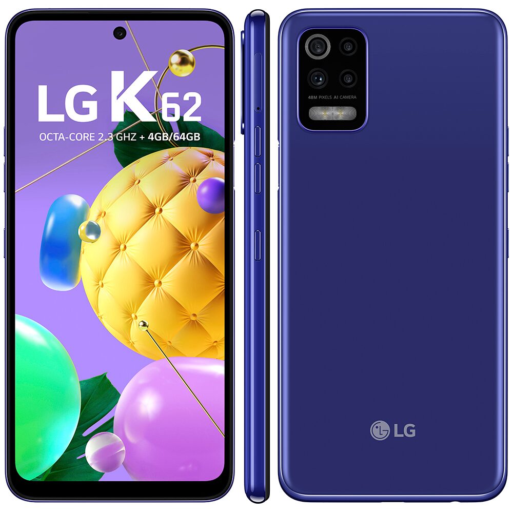 Smartphone LG K62 Azul 64GB, Tela de 6.59”, Câmera Traseira Quádrupla, Android 10, Inteligência Artificial e Processador Octa-Core