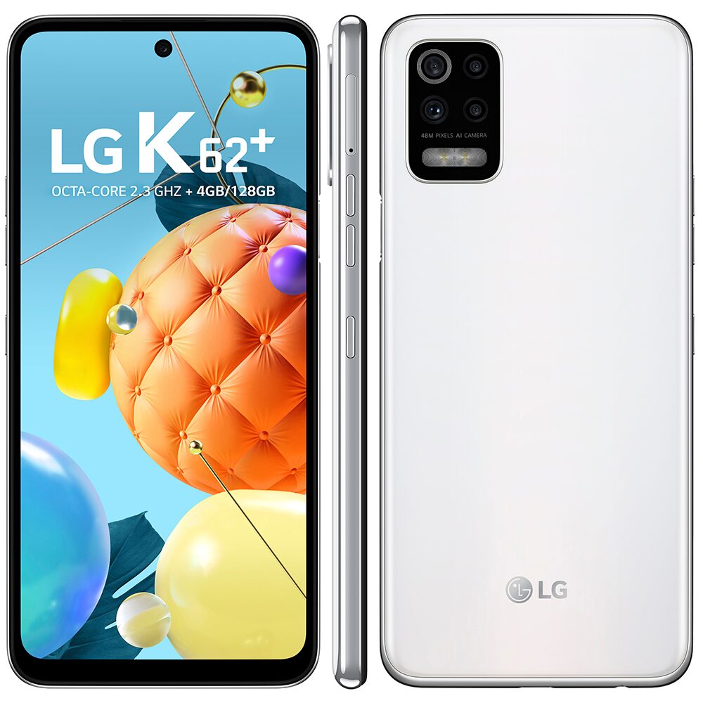 Smartphone LG K62+ Branco 128GB, Tela de 6.59”, Câmera Traseira Quádrupla, Android 10, Inteligência Artificial e Processador Octa-Core