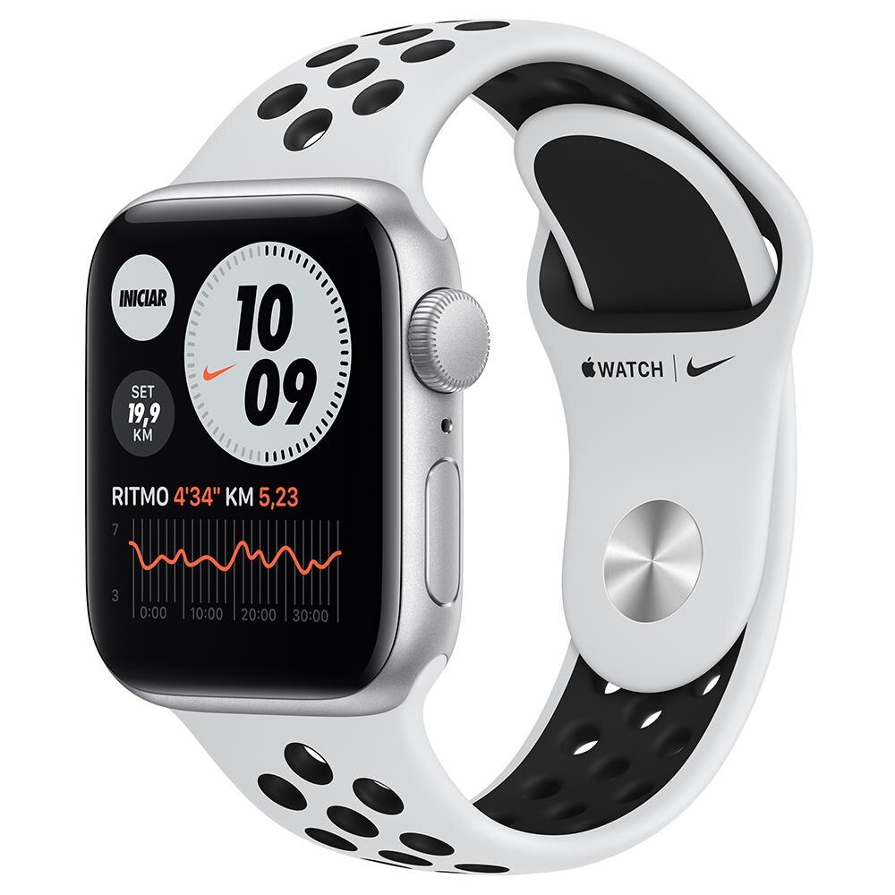 Apple Watch SE GPS, 40mm, Caixa Prateada de Alumínio com Pulseira Esportiva Nike Platina/Preta