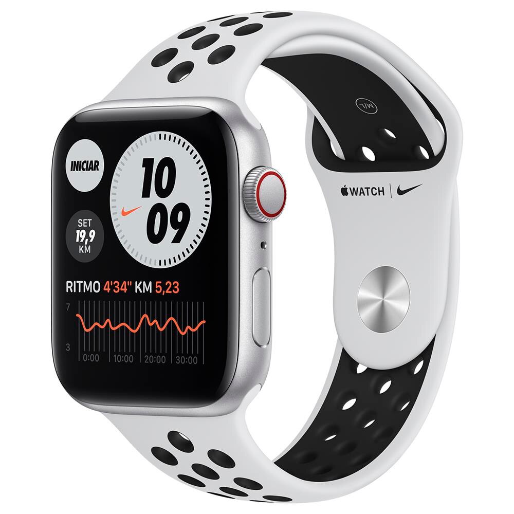 Apple Watch SE (GPS + Cellular), 44 mm, Caixa Prateada de Alumínio com Pulseira Esportiva Nike Platina/Preta
