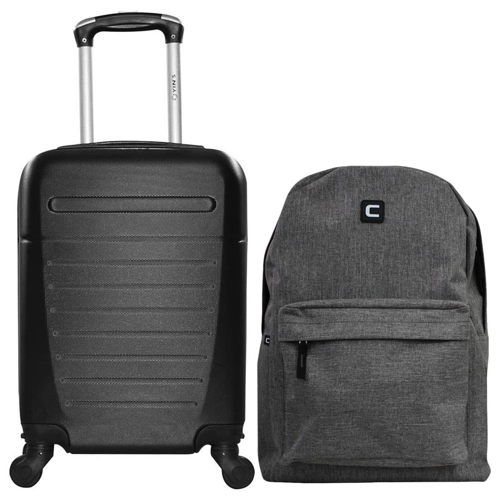 Mala de Bordo com 4 Rodas Giro 360º em ABS - Preta + Mochila Casual Convoy em Poliéster Cinza Yins Brasil