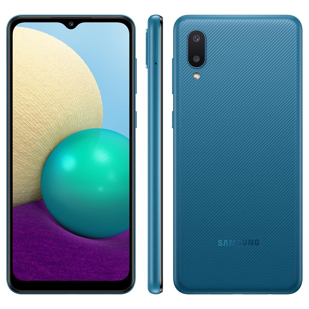 Smartphone Samsung Galaxy A02 Azul 32GB, Tela Infinita de 6.5", Câmera Traseira Dupla, Android 10.0, Dual Chip e Processador Quad-Core