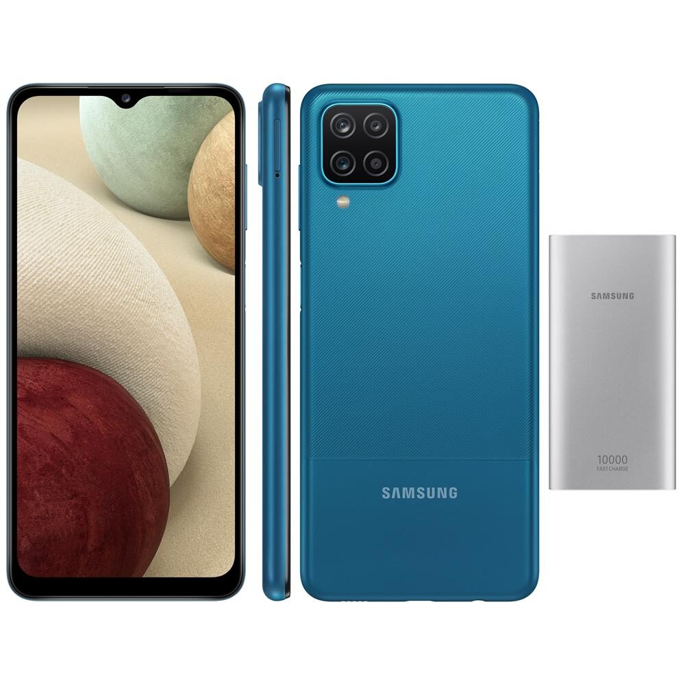 Smartphone Samsung Galaxy A12 Azul 64GB + Bateria Externa Samsung 10.000MAh Carga Rápida USB Tipo C - Prata