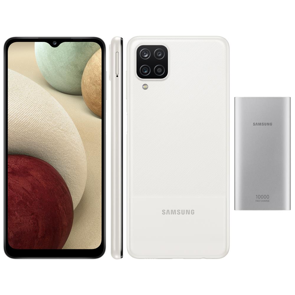 Smartphone Samsung Galaxy A12 Branco 64GB + Bateria Externa Samsung 10.000MAh Carga Rápida USB Tipo C - Prata