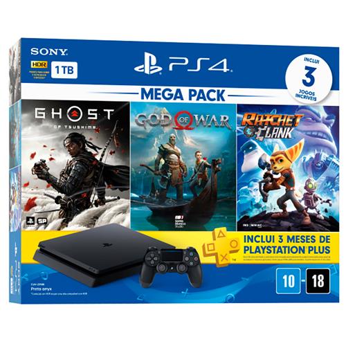 Menor preço em Console PlayStation 4 Slim 1TB Mega Pack 3 Jogos Fantásticos - Ghost of Tsushima + God of War + Ratchet & Clank + PSN Plus 3 Meses