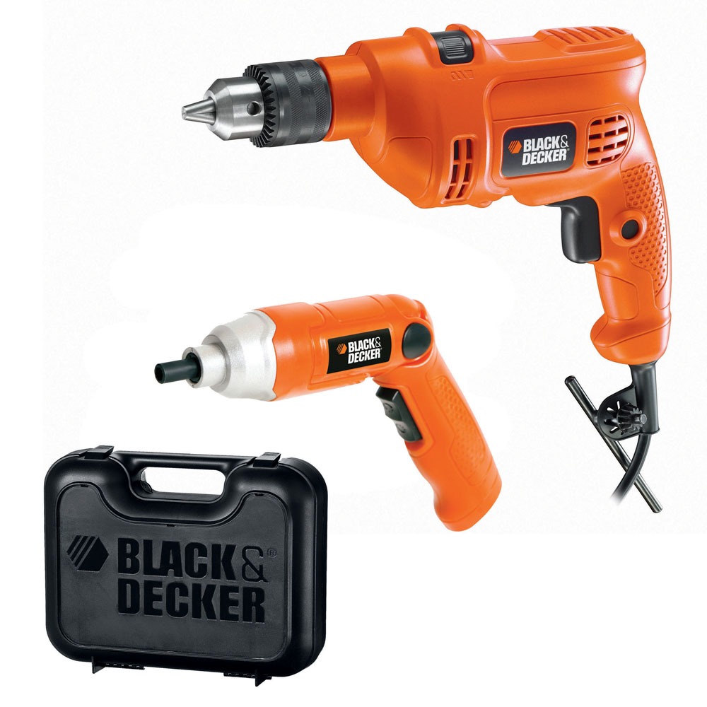 Kit Furadeira de Impacto 3/8" TM500K com Maleta + Parafusadeira Angular 9036 à Bateria 3,6v Black&Decker - Laranja