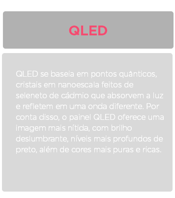 QLED se baseia em pontos quânticos, cristais em nanoescala feitos de seleneto de cádmio que absorvem a luz e refletem em uma onda diferente. Por conta disso, o painel QLED oferece uma imagem mais nítida, com brilho deslumbrante, níveis mais profundos de preto, além de cores mais puras e ricas.