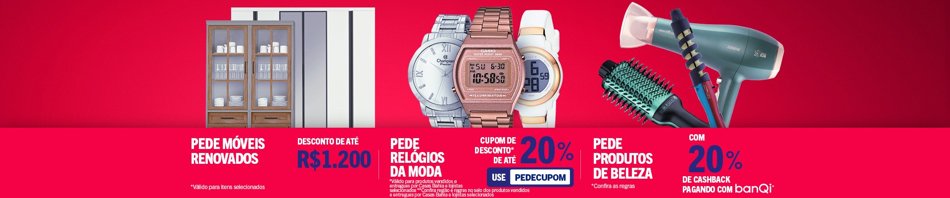 Banner dividido em 3 partes contendo imagens ilustrativas e ofertas dos departamentos Móveis, Relógios e Beleza