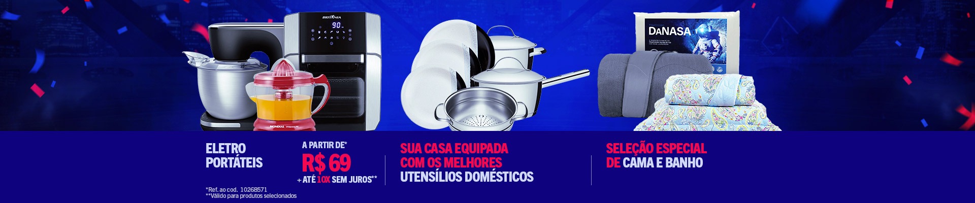 Banner dividido em 3 partes contendo imagens ilustrativas e ofertas