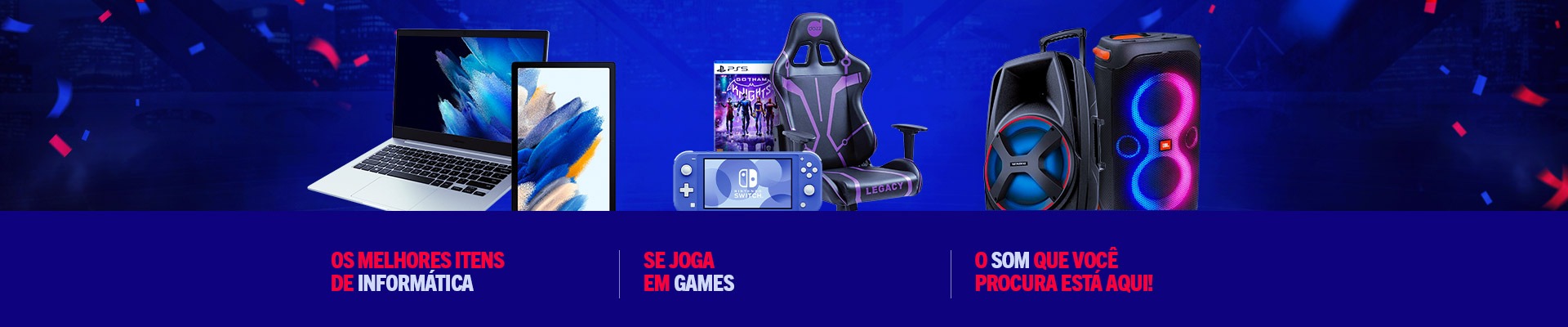 Banner dividido em 3 partes contendo imagens ilustrativas e ofertas