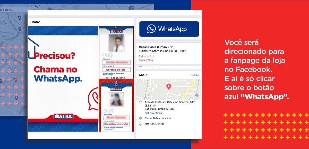 Você será direcionado para a fanpage da loja no Facebook. E aí é só clicar sobre o botão azul &quote;WhatsApp&quote;