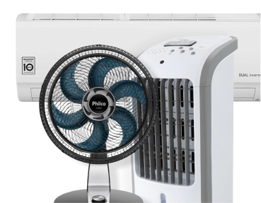 A imagem mostra um ventilador, um ar-condicionado com um fundo azul, abaixo tem um fundo amarelo com o texto em azul informando para refrescar, ar e ventilação, linkando para a coleção de Ar e Ventilação
