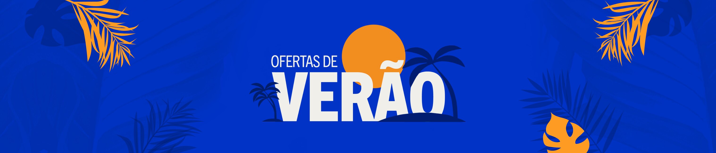 Um banner de fundo azul com algumas folhagens amarelas e com o logo Ofertas de Verão ao centro linkando para uma coleção geral de Verão