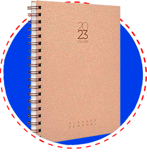 A imagem mostra um círculo azul e dentro tem um duas agendas para ilustrar, abaixo tem um texto em azul informando agendas e planners, com um link para a coleção agendas e planners