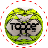 A imagem mostra um círculo branco e dentro tem uma bola verde e branca da marca Topper para ilustrar, abaixo tem um texto em branco informando esportes, com um link para a coleção esportes