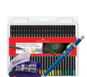 A imagem mostra um box azul e dentro tem um lápis de cor, um apontador azul e uma lapizeira da cor azul para ilustrar, abaixo tem um texto informando tudo para o seu estojo, com um link para a coleção estojos