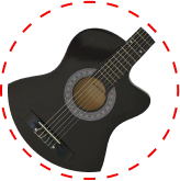 A imagem mostra um círculo branco e dentro tem um violão preto para ilustrar, abaixo tem um texto em branco informando instrumentos musicais, com um link para a coleção instrumentos musicais