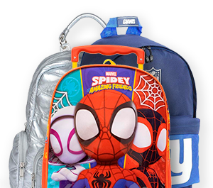 A imagem mostra um box azul e dentro tem uma mochila azul e uma mochila da Barbie rosa para ilustrar, abaixo tem um texto informando mochilas infantil e juvenis, com um link para a coleção mochilas infantil e juvenis
