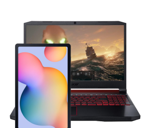 A imagem mostra um box azul e dentro um notebbok e um tablet para ilustrar, abaixo tem um texto informando notebooks, tablets e impressoras, com um link para a coleção notebooks, tablets e impressoras