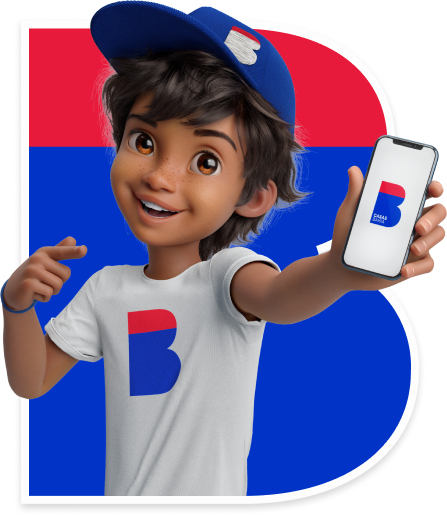 A imagem mostra a letra B do logo da Casas Bahia, na frente está o personagem CB mostrando o celular