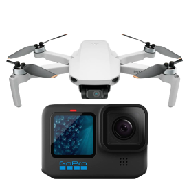 A imagem mostra dentro de um círculo amarelo uma câmera fotográfica e um drone branco, abaixo um texto em branco informando Câmeras e Drones, linkando para a coleção de Câmeras e Drones