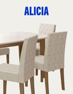 Seção com dicas de ofertas selecionadas pela vendedora Alicia, ilustrada com a foto de uma mesa de jantar de madeira, com seis cadeiras estofadas em suede na cor marfim