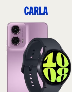 Seção com dicas de ofertas selecionadas pela vendedora Carla, ilustrada com a foto de uma smartwatch preto e a parte traseira de um celular metalizado rosa com duas câmeras