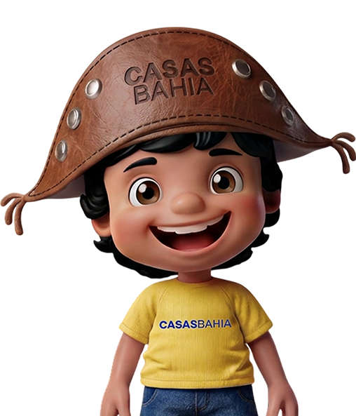 A imagem mostra a foto do personagem CB usando uma camiseta branca e boné azul com o símbolo B da marca centralizado em ambos as roupas e o CB apontando para cima