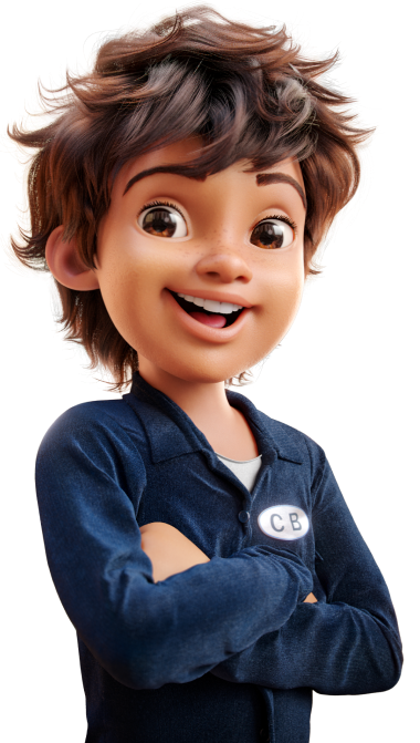 A imagem mostra a foto do personagem CB usando um macacão na cor azul escuro de braços cruzados e uma bola oval pequena no peito dele na cor cinza e dentro o texto CB na cor azul