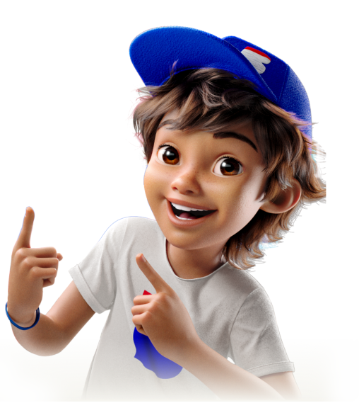 A imagem mostra a foto do personagem CB usando uma camiseta branca e boné azul com o símbolo B da marca centralizado em ambos as roupas e o CB apontando para cima